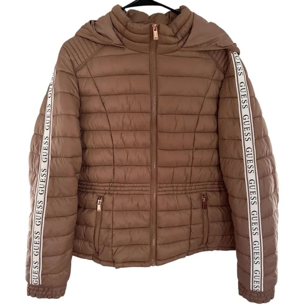 GUESS Women's Tan Puffer Coat with Logo Sleeves Trendy